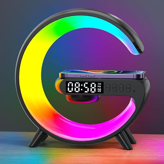Mini Wireless Speaker with Atmosphere Light, Wireless Charging, Alarm Clock and Bedside Lamp (Black)
