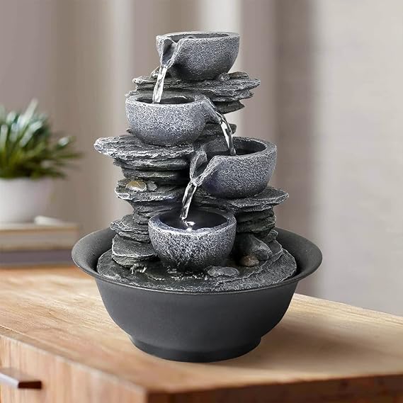 Small Tabletop Water Fountain for indoor - 10 3/5 H Relaxation Waterfalls Cascading Bowl Fountain with Natural Water Features&LED Lights for Indoor and Outdoor Decor
