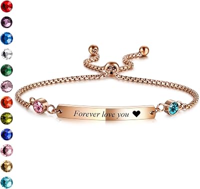 INBLUE Custom Name Bar Bracelet with Birthstone for Women Stainless Steel Adjustable Personalized ID Coordinate Engraved Bracelet Anniversary Customized Gift for Mom Girlfriend Sister