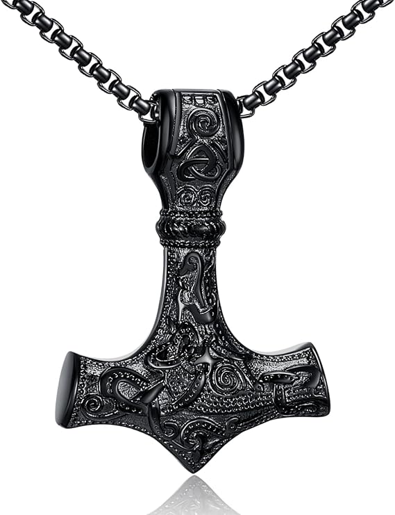 Viking Jewellery Men's Necklace Thor's Hammer Necklace - Nordic Mythology Mjolnir Viking Runes Hammer Stainless Steel Chain Viking Gifts for Men 50/60/70 cm Silver/Black/Gold