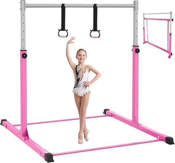 Safly Fun Gymnastics Bar for Kids Ages 3-15 | Sturdy Steel Home Gym, Adjustable Height (3 to 5 ft) with Anti-Slip Base, Easy Assembly