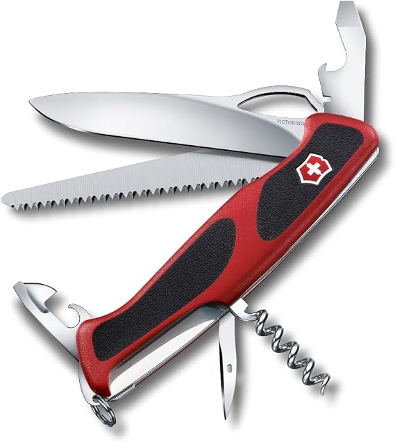 VVictorinox Ranger 79 M Grip Swiss Army Knife, 12 Functions, Red/Black | Large 5.1 in Lock Blade with One Hand Opening, Ergonomic Two-Component Scales, Wood Saw, Wire Stripper, and Corkscrew