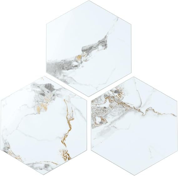 16-Piece Hexagon Peel and Stick Backsplash, 9"x7.87" Self Adhesive Glossy Faux Marble Wall Tile Kitchen Backsplash (White Marble with Gold, 5.94 SQ.FT)