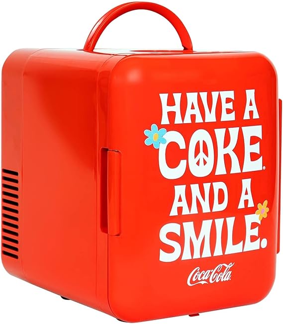 Coca-Cola Mini Fridge, 6-Can Portable AC/DC Thermoelectric Cooler & Warmer, Compact Dorm Fridge for Skincare, Office Desk, Car, RV, Countertop Beverage Storage, Retro Novelty Refrigerator