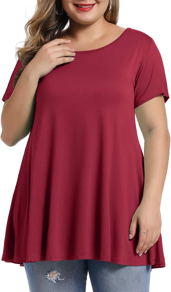 Womens Plus Size Short Sleeve Swing Tunic Tops Casual Loose Fit Flare Basic T-Shirts