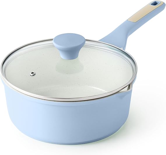 SENSARTE Ceramic Nonstick Saucepan with Double Pouring Spout 3.0 Quarts, Cooking Pot with Stay Cool Handle, Induction Compatible, Ceramic Coating, Free of Intentionally Added PFOA/PFAS, Blue