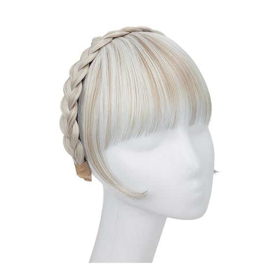 Bangs Synthetic Headband Bangs Extension Fake Hair Blunt Fringe with Long Sides for Women Natural False Black Brown Blonde Bang Bangs Hair Clip(Color:Cold Blonde)