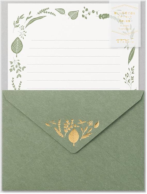 Midori 86507006 Letter Set Foil Stamped Envelopes, Leaf Pattern