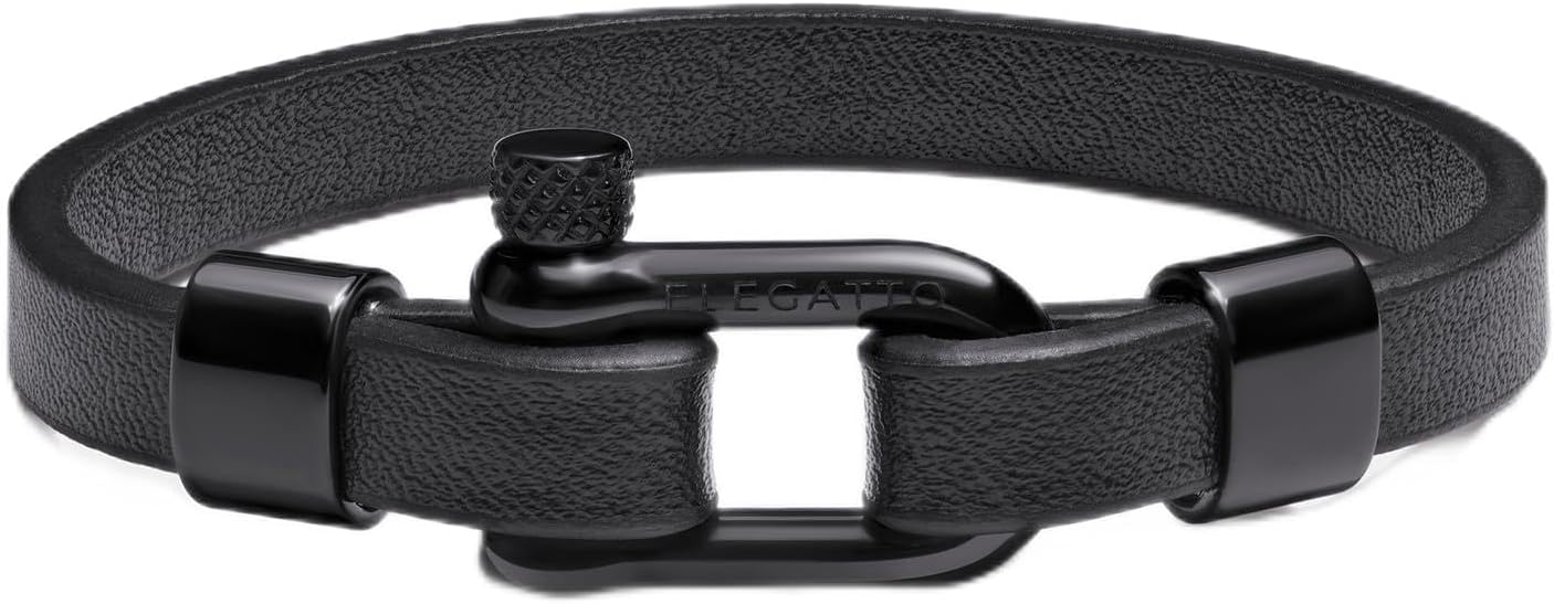 Elegatto Morelle Premium Leather Bracelet for Men | Full-Grain Black Leather with Silver Polished Stainless Steel Shackle Closure | Mens Designer Jewelry
