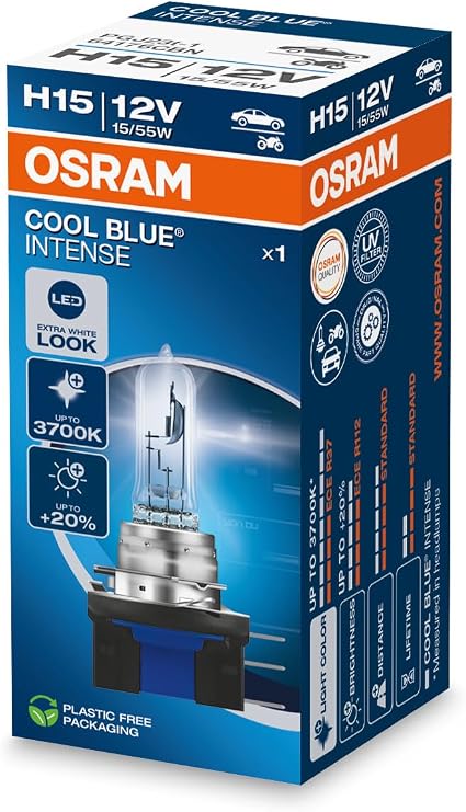 OSRAM COOL BLUE INTENSE H15 64176CBN 20% Brightness Up to 3700K Halogen Headlight Lamp LED Look Folding Box 1 Lamp