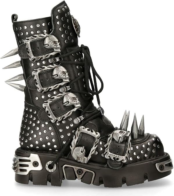 New Rock Boots 1535-S1 Womens Metallic Black Leather Goth Studded Spike Boot
