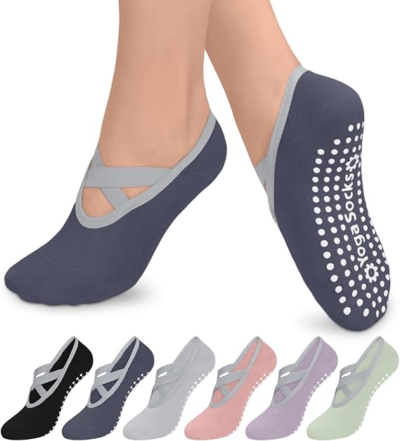 Aoliks 6 Pairs Pilates Grip Socks for Women, Non-slip Yoga Athletic Socks for Barre Ballet Barefoot Workout Hospital
