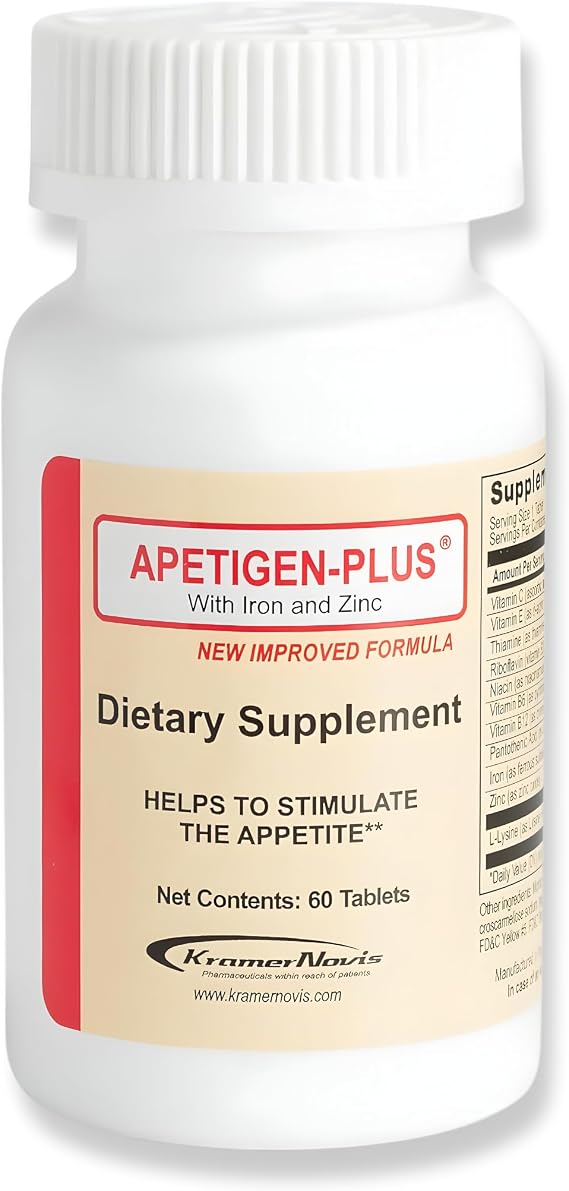 Apetigen-Plus Appetite Stimulant for Weight Gain Multivitamin with Iron, Zinc, L-Lysine & B-Complex Appetite Booster Tablets for Adults & Kids 12+ Sugar Free, No Fish Oil 60 Count
