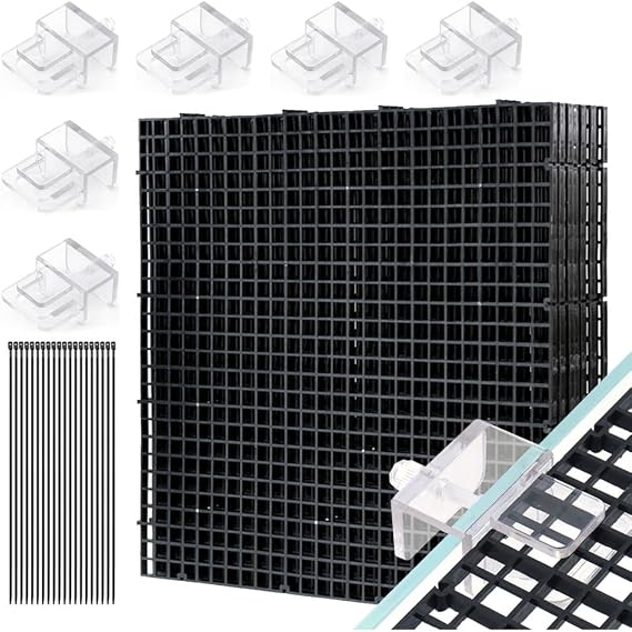 LINLAN Fish Tank Anti-Jump Set, Aquarium Lid, 8 Pieces 5.9x11.8in/15x30cm Plastic Grid with 6 Brackets and 20 Cable Ties, Cover for Rimless Aquarium(White)