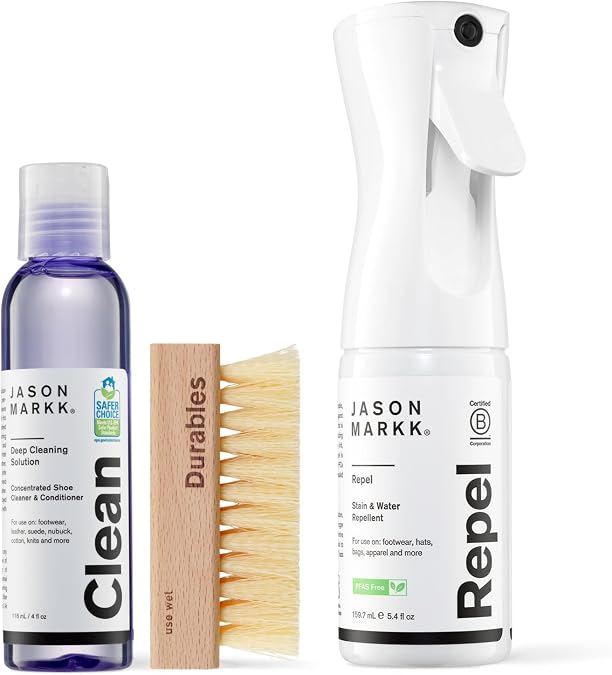 Jason Markk Essential Kit & Repel Spray, Shoe Cleaner, 3-Piece Set, Cleaning Solution & Durables Brush, Water & Stain Repellent, Ideal for Footwear, Full Grain Leather, Rubber, and More