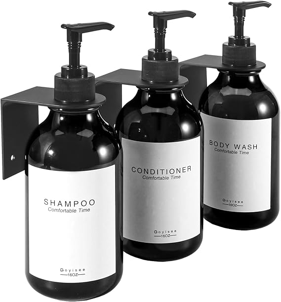 Shampoo and Conditioner Dispenser for Shower Wall 3 Chamber,Refillable Shampoo and Conditioner Bottles with Waterproof Labels,Soap Dispenser with Pumps