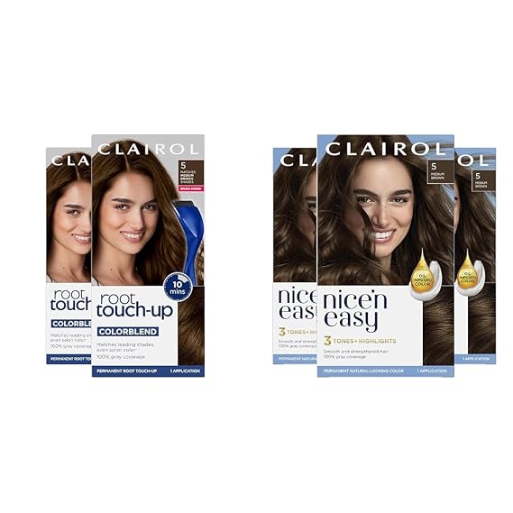 Clairol Nice'n Easy Permanent Hair Dye Bundle with 5 Medium Brown (Pack of 2) and 5 Medium Brown (Pack of 3)