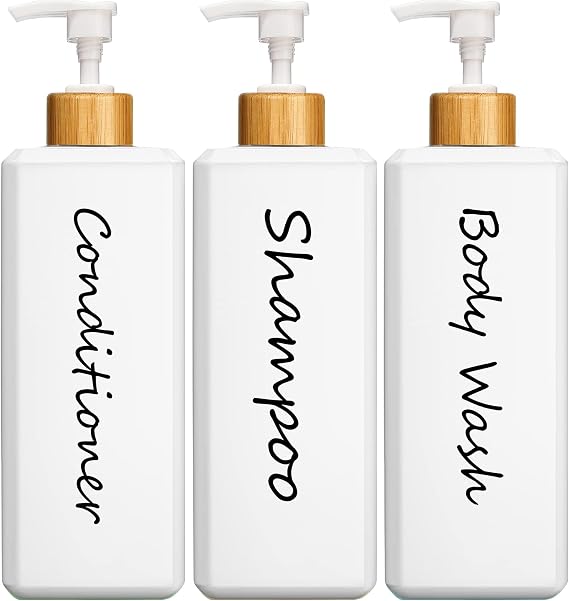 GMISUN Shampoo and Conditioner Dispenser, Refillable White Shampoo and Conditioner Bottles with Bamboo Pump, Modern Bathroom Shower Bottles Set for Shampoo Conditioner Body Wash, 3 Pack