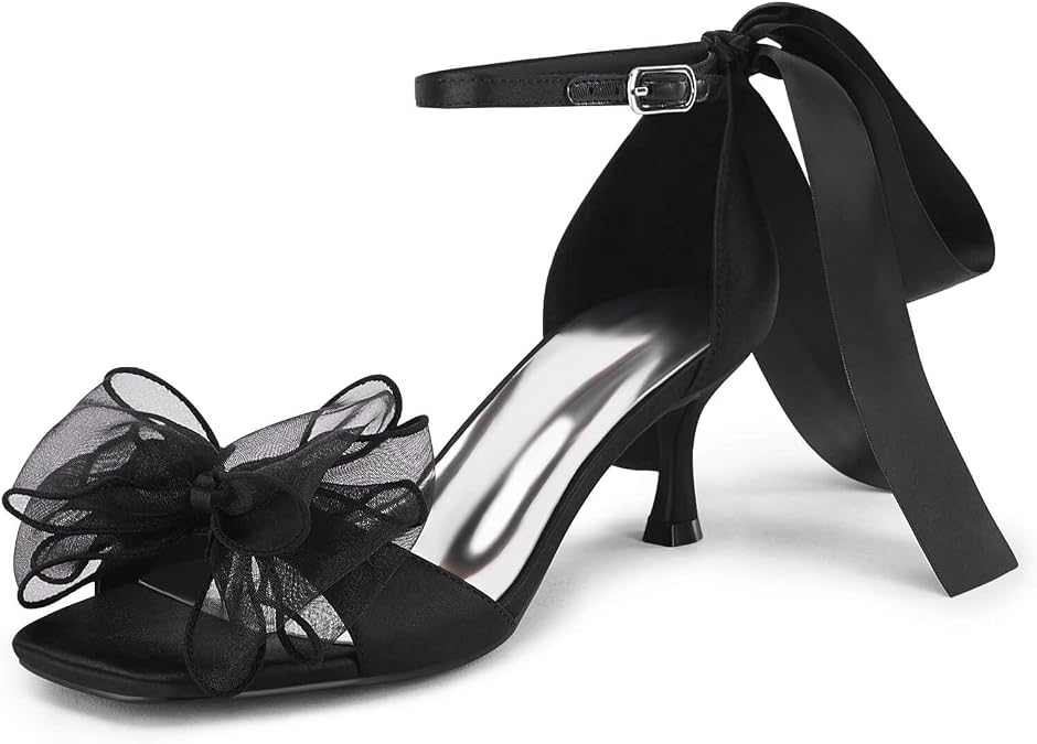 Coutgo Womens Bow Kitten Heels Sandals Square Open Toe Satin Dress Shoes