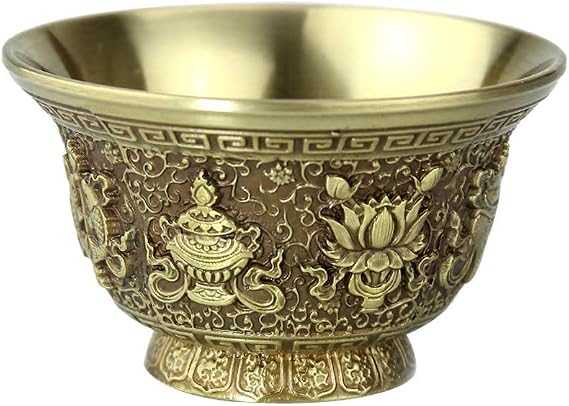 Buddhist Water Offering Bowl - Carved Brass Water Offering Cup, Tibetan Meditation Altar Buddhist Offering Bowl for Yoga Meditation Altar Supplies (S)