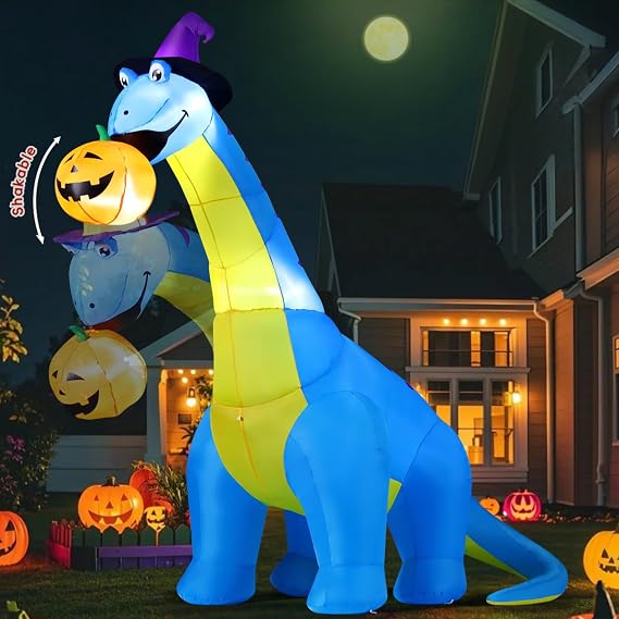 Halloween Inflatables Outdoor Decorations 10 FT Tall Dinosaurs Eating Pumpkin with Shake Head Blow Up Yard Decoration with Built-in LED for Yard Garden Party Lawn