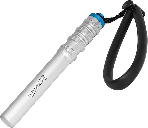 Scuba Dive Rattle with Magnet - 6.7" Aluminum (Silver) | Diving Noise Maker, Underwater Shaker, Magnetic Mute, PVC Wrist Band & Lanyard