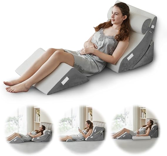 Ganaver 4pcs Orthopedic Bed Wedge Pillow Set Post Surgery Relaxing Back Adjustable Head Support Cushion Triangle Memory Foam Pillow for Acid Reflux Sleeping Reading Leg Elevation Snoring