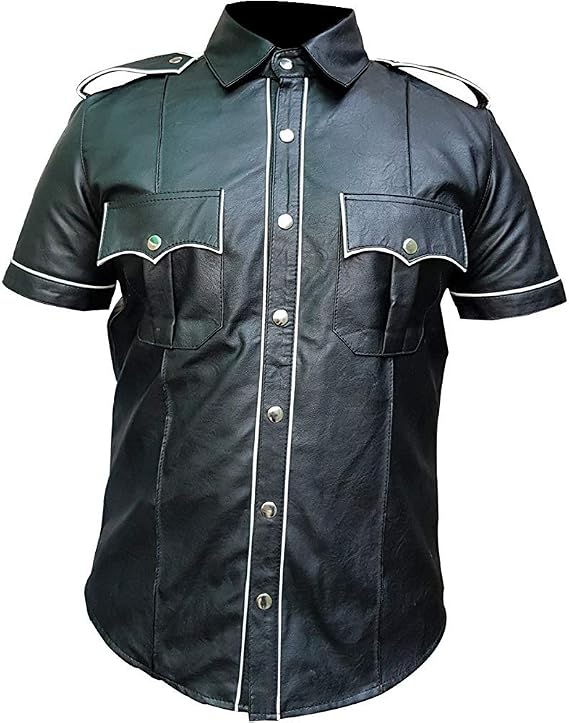 Men's Real Sheep Leather Police Uniform Short Sleeve Shirt (Piping Colour Option)