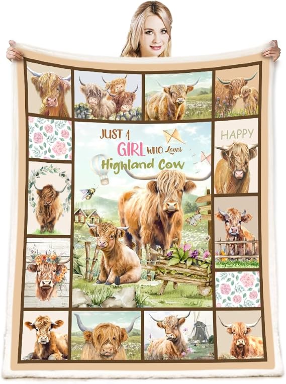 Highland Cow Gifts for Girls Women - Cute Sherpa Fleece Throw Blanket with Quote, Warm Thick Double-Layer Blanket for Couch Bed Sofa, Rustic Farmhouse Home Decor for Cow Lovers (Brown)