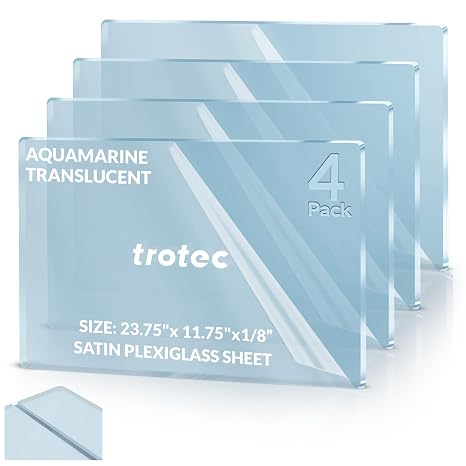 Trotec | Translucent Satin Plexiglass Sheet | 4 Pcs | Matte | Aquamarine Translucent | 23.75"x 11.75"x1/8 | Non-Reflective Acrylic for Laser Engraving, Interior, Exterior & Back Lighted Signs.
