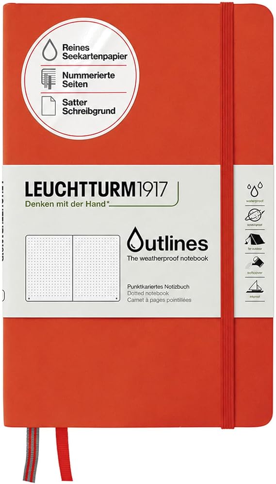LEUCHTTURM1917 Outlines Notebook Paperback (B6+) Flexcover 89 Number Pages 150 g/m² Nautical Map Paper Dotted Waterproof Signal Orange
