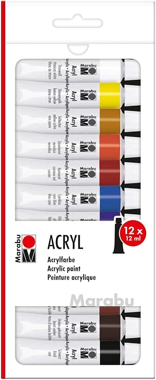 Marabu 1210000000200 Acrylic Paint Set with 12 Colours of 12 ml Opaque Matte Gloss Water-Based Acrylic Paints for Stretcher Frame, Painting Cardboard, Paper and Wood, Quick Drying