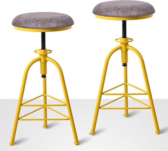 Industrial Bar Stools Set of 2 Modern Counter Stool for Kitchen Island 24.4-28.3inch Height Adjustable Farmhouse Shop Chairs with Swivel PU Seat