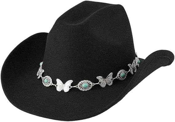 Turquoise Cowboy Hats for Women and Men Classic Felt Cowgirl Hat Wide Brim with Butterfly Buckle for Outdoor