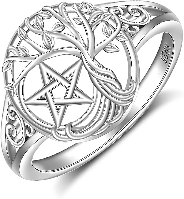 Pentagram Ring for Women Pentacle Tree of Life Ring 925 Sterling Silver Family Tree Wiccan Star Witch Jewelry Birthday Gifts