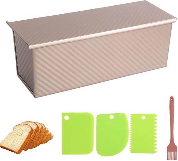 Pullman Loaf Tin with Lid & Dough Scraper Cutter & Oil Brush, 2LB Large