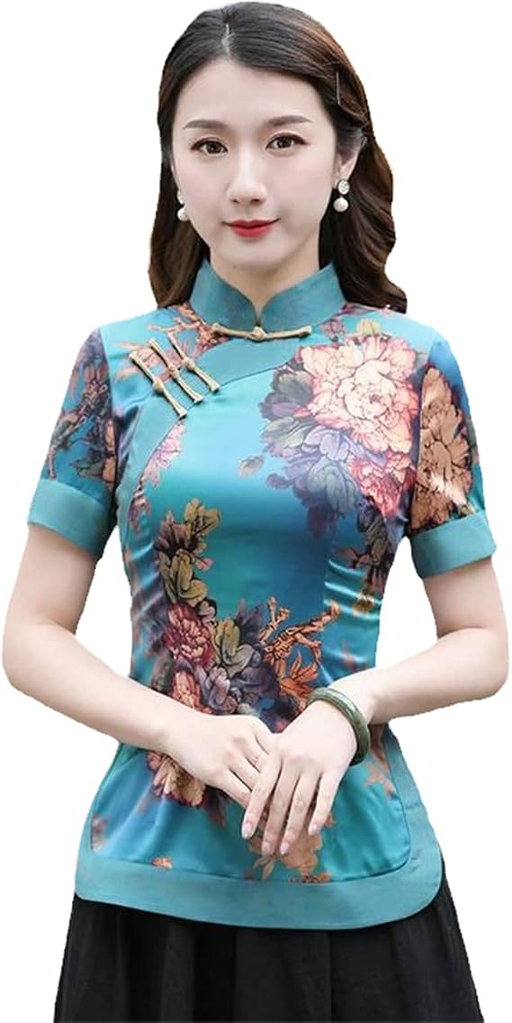 Cotton Cheongsam Women's Tang Costume Tops Blend Prints Short Sleeve Tradition Chinese Style Qipao Shirts Woman