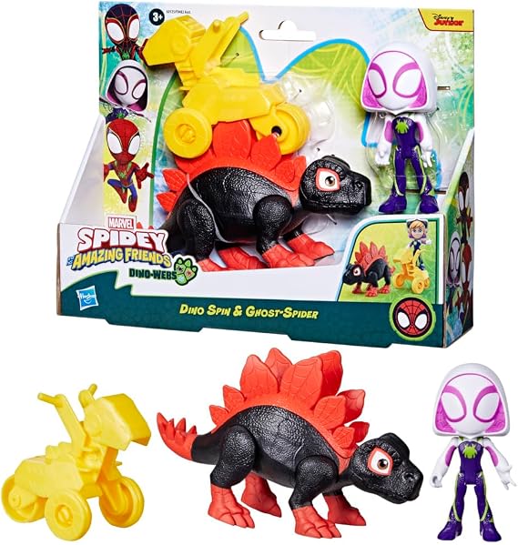 Marvel Spidey and His Amazing Friends Dino-Webs Dino Spin & Ghost-Spider 4-inch-Scale (10cm) Spider-Man Action Figure Set, Toys for Kids Ages 3 and Up