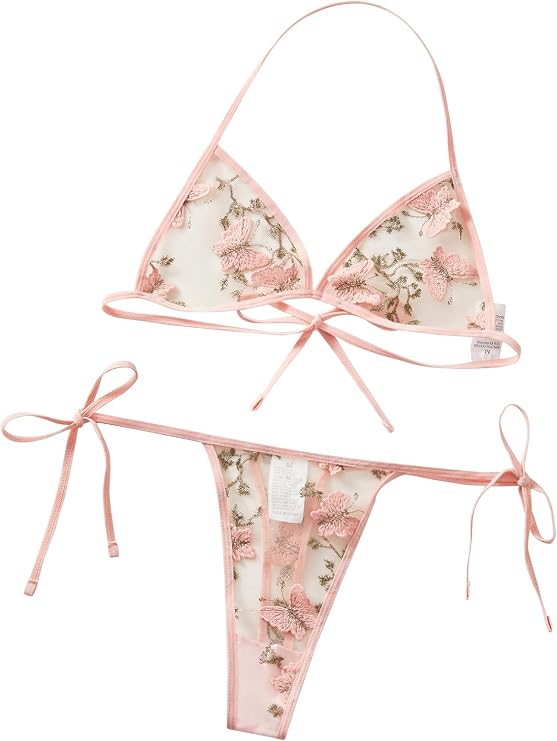Sexy Lingerie For Women Embroidered Mesh Sheer Non Padded Bra & V-Strings Womens Lingerie Set Underwear