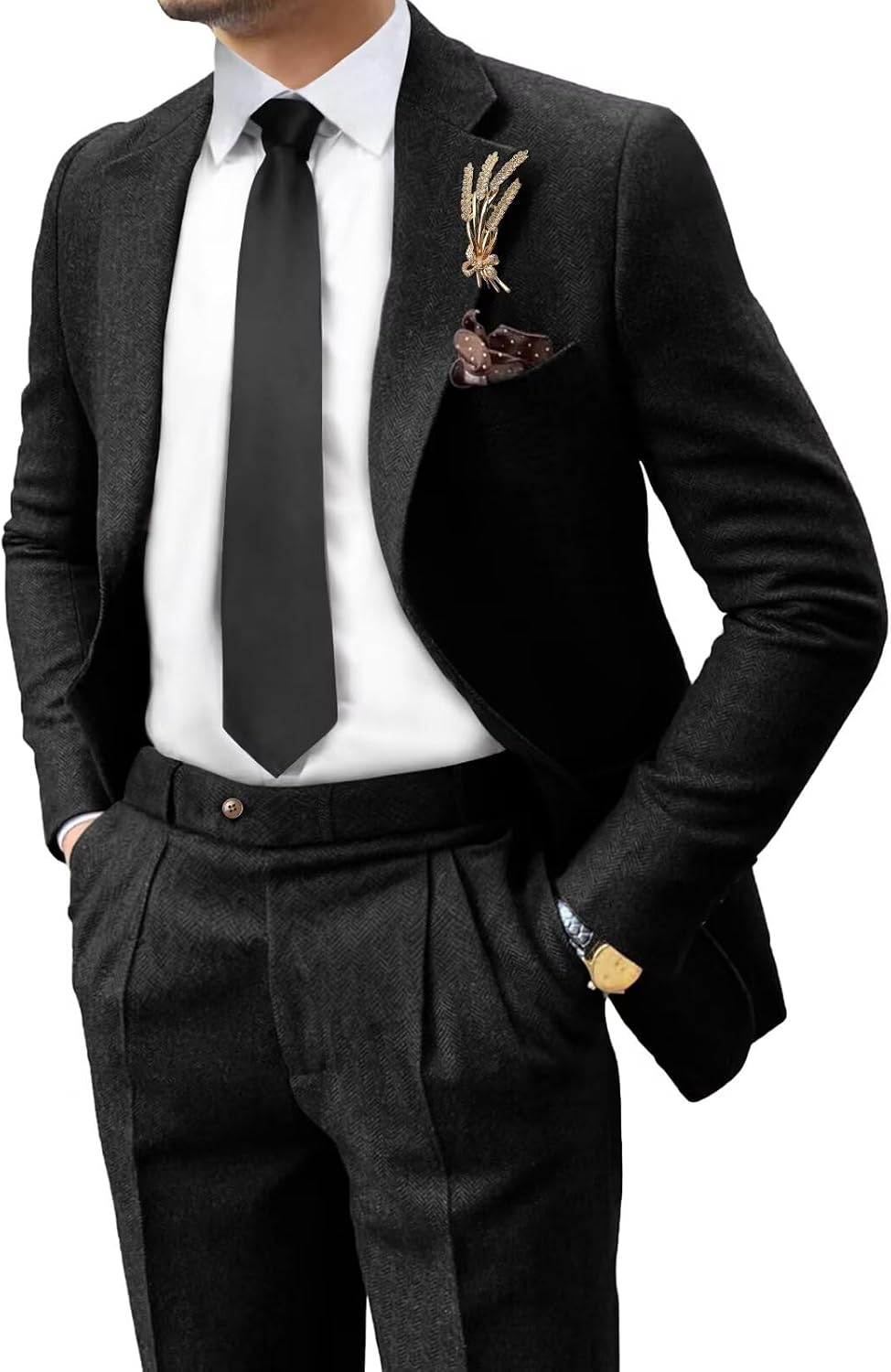 Retro Tweed Mens Suit Herringbone Slim Fit 2 Buttons Mens Jackets Sets Prom Wedding Jacket Blazer Pants Groom Tuxedo Set