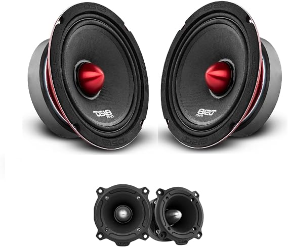 DS18 Car Speakers Bundle - 2X Midrange 6.5" Loudspeakers with Red Bullet and 2X Pro Super Bullet Tweeter 3" - Complete Audio Package for Your car Stereo Sound System