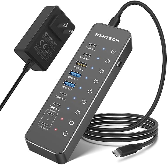 RSHTECH 10-Port 66W Powered USB C/USB 3.2 Hub 10Gbps for Data & PD Charging