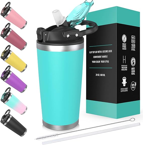 Stainless Steel Tumbler with Lid and Straw 20oz, Vacuum Insulated Coffee Tumbler Cup, Travel Coffee Mug, Double Wall Travel Mug with Splash Proof Lid(Teal)