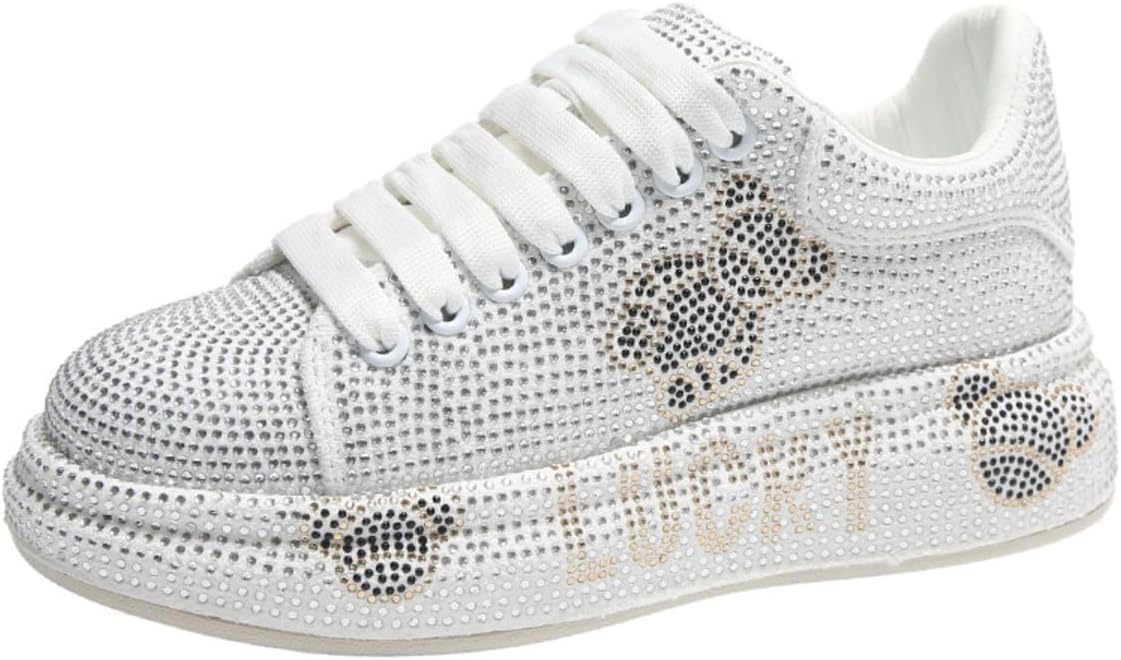 Womens Rhinestone Bling Sneakers Lightweight Sequin Running Shoes with Cute Bear Design Sparkly Party Dance Casual Shoes for Autumn Daily Wear and