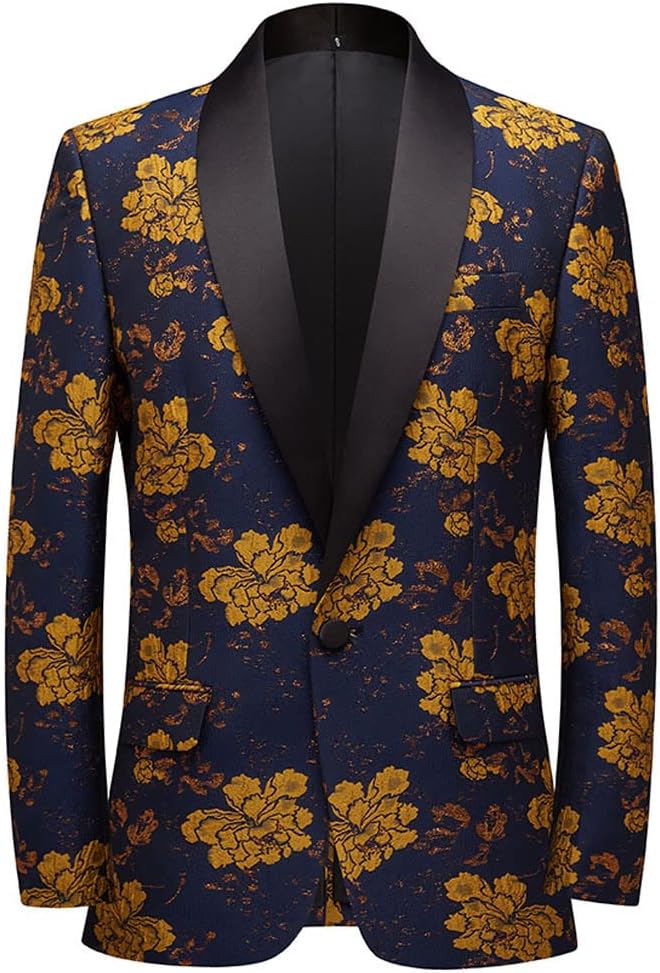 KIRANDY Fashionable Embroidered Dinner Jacket, Mens Stylish Suit Coat with Elaborate Embroidery Details Color : Yellow Blue Peony, Size : Large