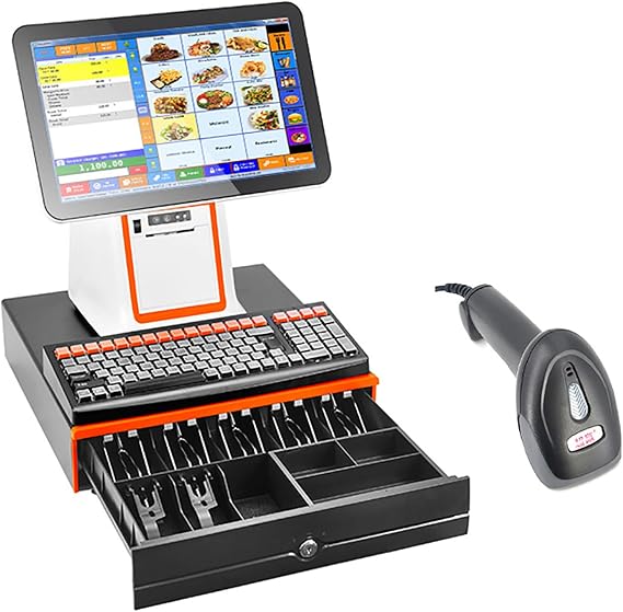 Smart Cash Register, All-in-One Cash Register, LCD Touch Screen Cash Monitor, 101 Keys Cash Register Keypad, with Thermal Printer (White B)