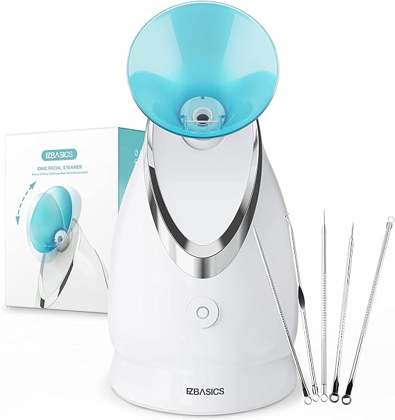 EZBASICS Nano Ionic Facial Steamer,5 Stainless Steel Skin Tools,Blue,1 Pack | Nano ionic warm mist,unclog pores,moisturising atomiser,sauna inhalation,home facial spa