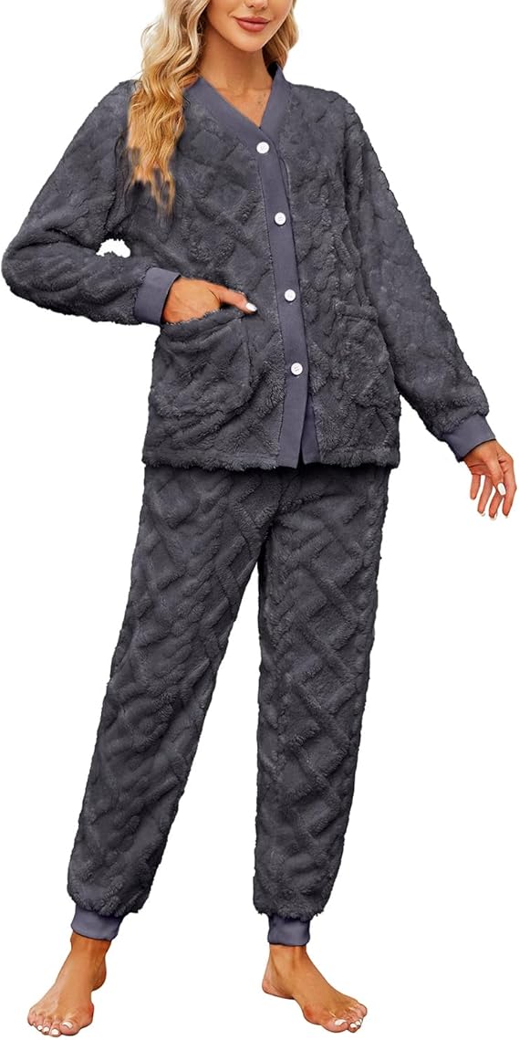 HEARTNICE Women Fuzzy Pajama Set Warm Fluffy Long Sleeve Sleepwear Plush Loungewear Thermal Nightwear with Pockets