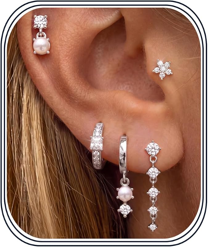 MILACOLATO 5 Pairs 925 Sterling Silver Earrings for Women Trendy Ear Stacks | 14K Gold Plated Stud Huggie Hoop Earrings Set Hypoallergenic CZ Pearl Dangle Earring Prom Bridal Bridesmaids Wedding Jewelry