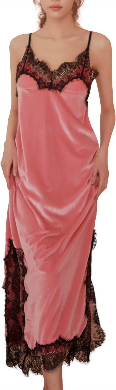 Women's Sexy Sleepwear Long Nightgown Slip Dress Lace Velvet Sleeveless Chemise